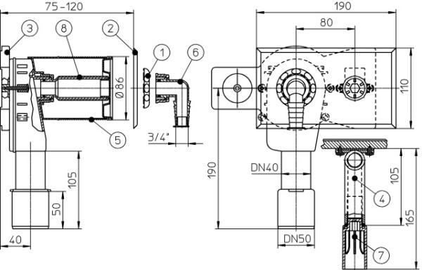Waschgeräte-UP-Siphon DN40/50 mit integriertem Wasseranschluss - 180x100mm HL405